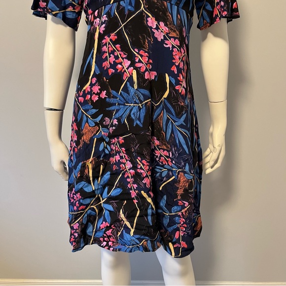 Anthropologie Maeve Elia Blue Floral Cold Shoulder Short Sleeve Midi Dress sz 0 - Picture 9 of 13
